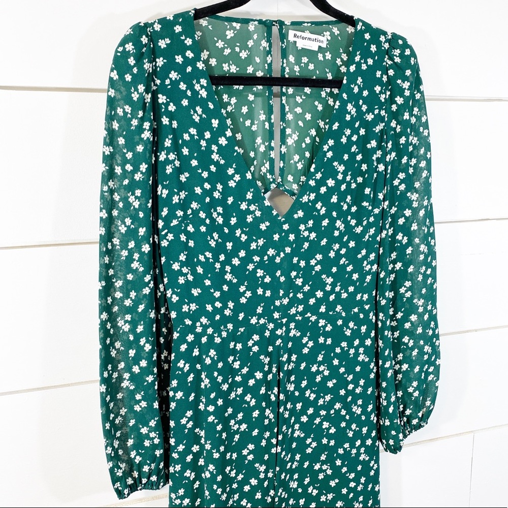 REFORMATION Joy Green Floral LS Midi Dress Size 8 - Picture 5 of 11